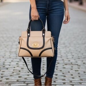 Emma Fox Two Tone Pebbled Leather Satchel Handbag Beige Black Gold Logo Purse